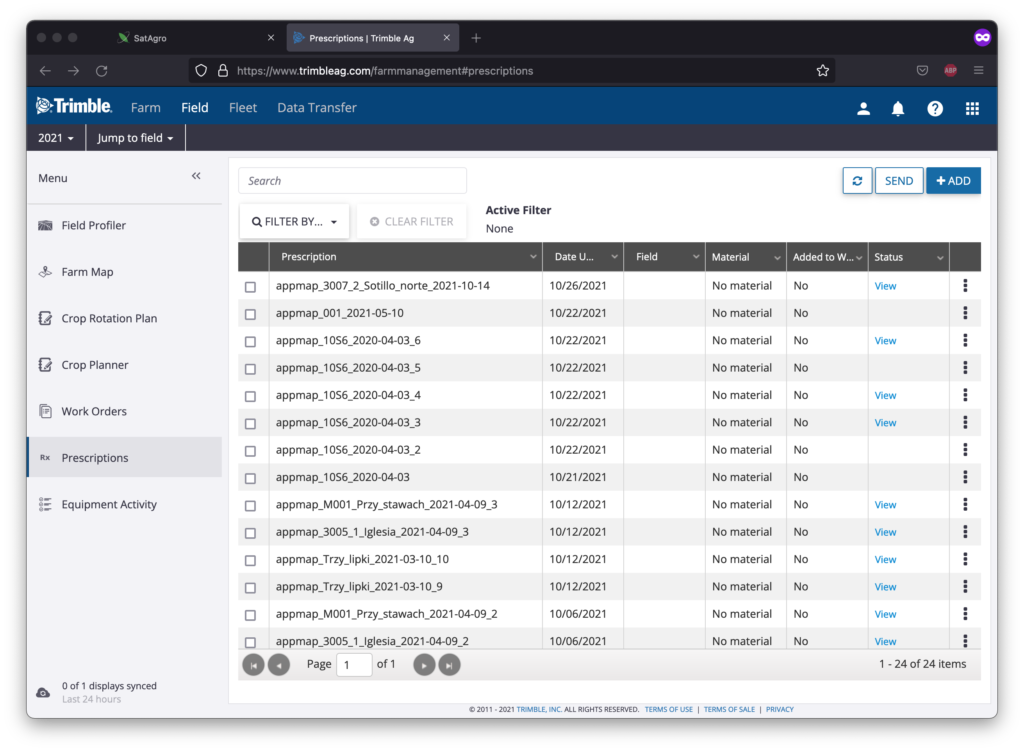 A screenshot of the list of application maps in Trimble Ag.