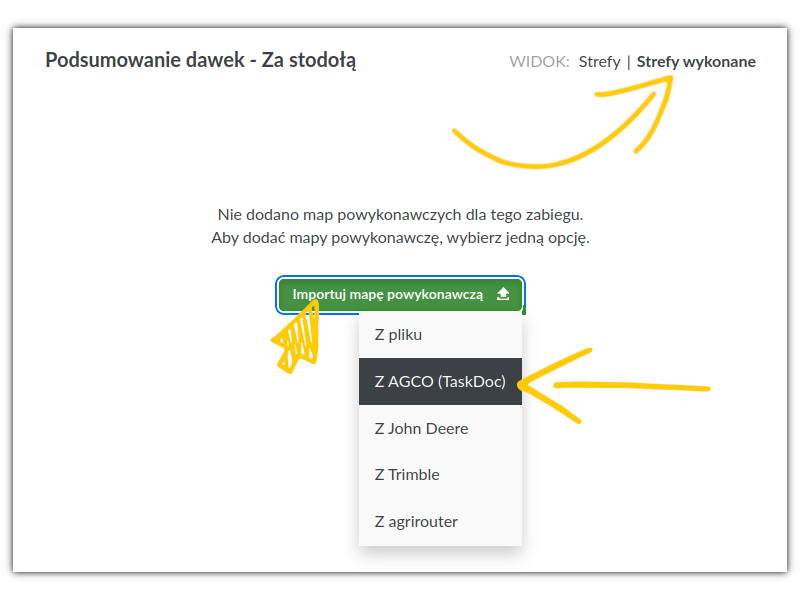 Panel podsumowania dawki ze zaznaczonymi krokami do importu map powykonawczych z AGCO (TaskDoc).