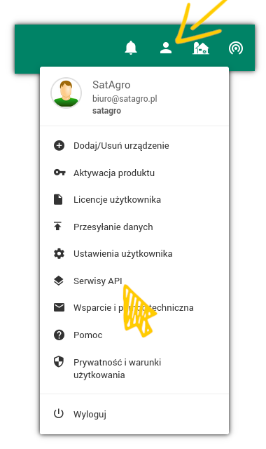 Menu użytkownika na stronie FieldClimate.